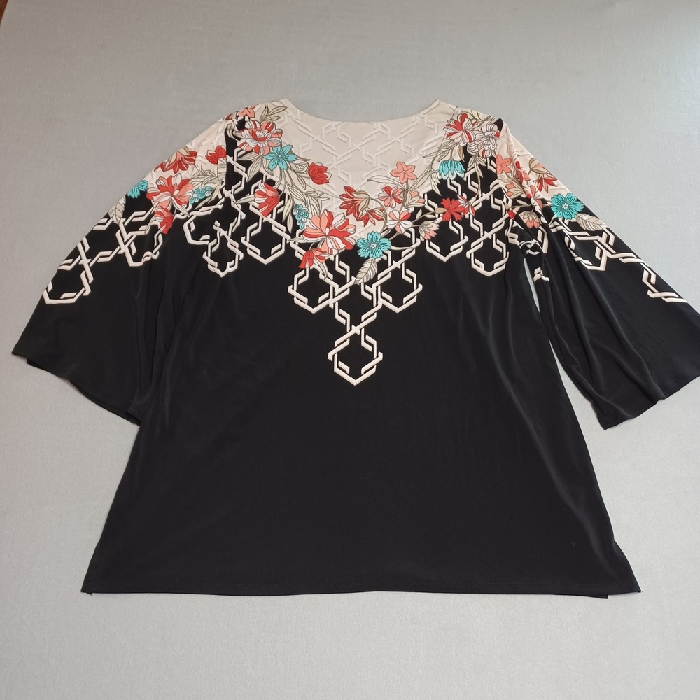 JM‎ Collection Womens XL Black Floral Geometric Bell Sleeve Blouse Top SP20 1219